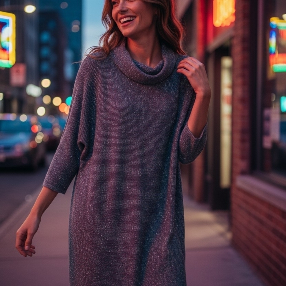 Cable & Gauge - Nickel Colored Mini Dress, 3/4 Sleeves, Funnel Neck, Size Medium